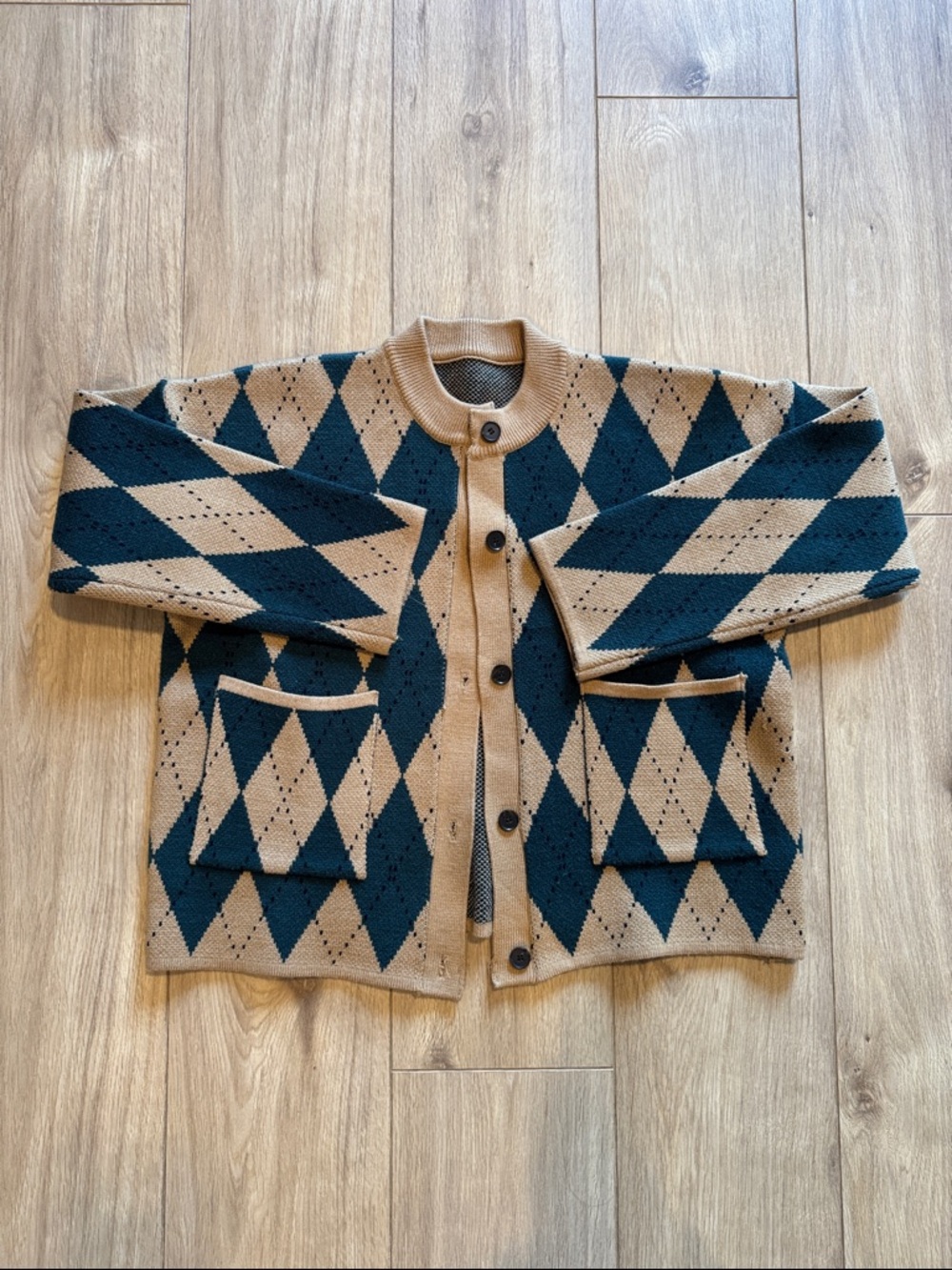 Cute Tan and Dark Green Argyle Button Cardigan Sweater